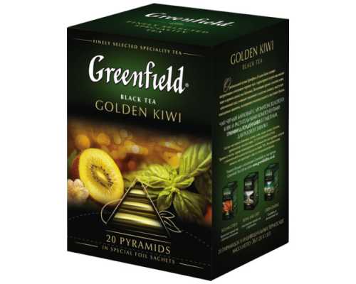 Чай GREENFIELD Пирамидки Golden Kiwi, черный чай со вкусом киви, 20 пакетиков по 1,8 г