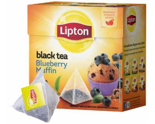 Чай LIPTON Пирамидки Blueberry Muffin, черный, черничный кекс и черника, 20  пирамидок по 1,6 г