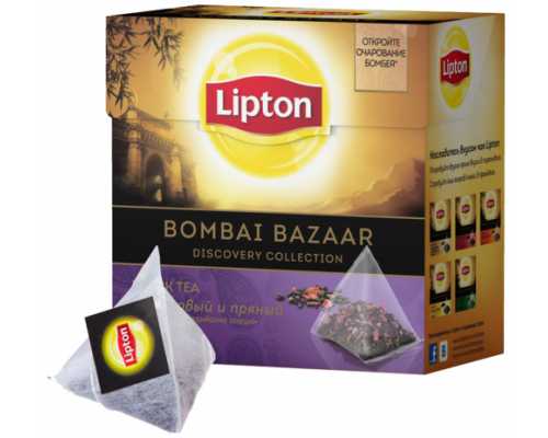 Чай LIPTON Пирамидки Bombay Bazaar Tea, черный чай, вкус аниса, корицы, лакрицы, и кардамона, 20 пакетиков по 1,8 г