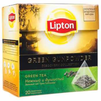 Чай LIPTON Пирамидки, зеленый Green Gunpowder Tea, с легкими цветочными нотами, 20 пакетиков по 1,8 г
