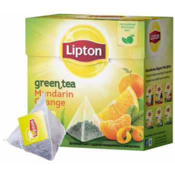 Чай LIPTON Пирамидки, зеленый Mandarine Orange, мандарин и апельсин , 20 пакетиков по 1,8 г