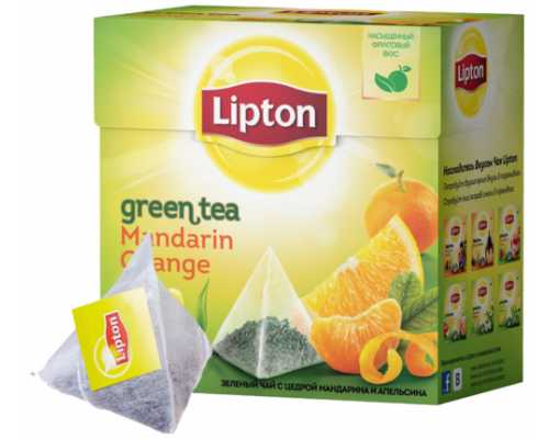 Чай LIPTON Пирамидки, зеленый Mandarine Orange, мандарин и апельсин , 20 пакетиков по 1,8 г