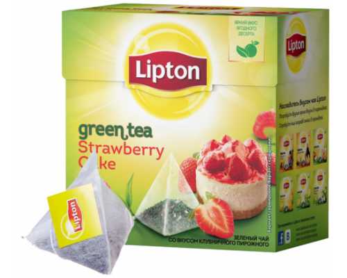 Чай LIPTON Пирамидки, зеленый Strawberry Cake, клубника, 20 пакетиков по 1,4 гр