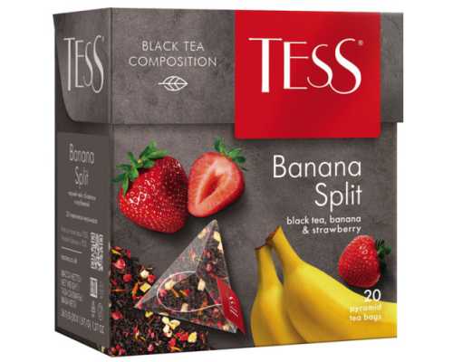 Чай TESS Пирамидки Banana Split, черный с клубникой и ароматом банана, 20 пакетиков по 1,8 г