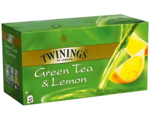 Чай TWININGS, зеленый Чай TWININGS Green Lemon, 25 пакетиков по 2 г