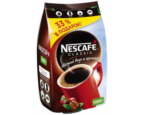 Кофе растворимый NESCAFE Classic гранулированный, 1 кг, мягкая упаковка