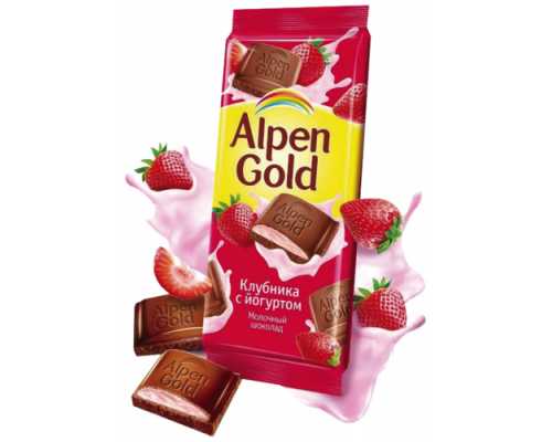 Шоколад ALPEN GOLD молочный с клубничным йогуртом, 90 г
