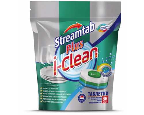 Средство для посудомоечных машин I-CLEAN Streamtab Plus, 36 таблеток с ополаскивателем, в п/э упаковке