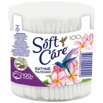 Ватные палочки SOFT CARE 100 шт/уп, круглая пластиковая банка