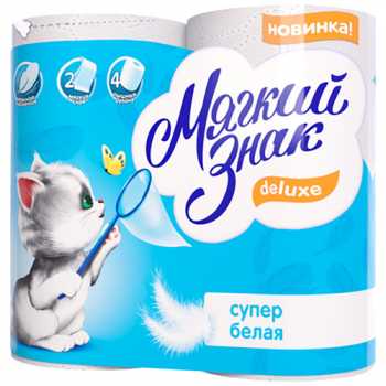 Туалетная бумага МЯГКИЙ ЗНАК Deluxe белая, двухслойная, 4 рулона/уп