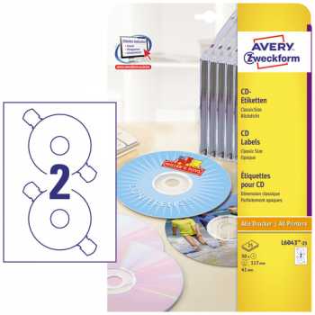 Этикетки для CD/DVD дисков AVERY ZWECKFORM для CD, белые-матовые, Super-Size, 25 листов