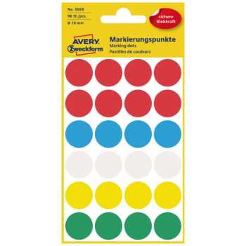 Этикетки-точки AVERY ZWECKFORM круглые, D=18mm, разноцветные, 96шт/уп