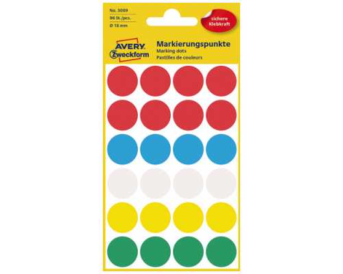 Этикетки-точки AVERY ZWECKFORM круглые, D=18mm, разноцветные, 96шт/уп