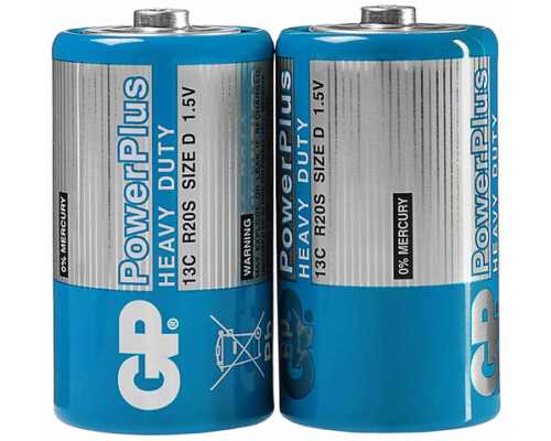 Батарейки солевые GP PowerPlus D/R20, 1,5 В, 2 шт/уп (в пленке)