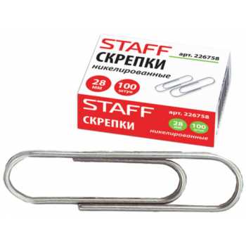 Скрепки никелированные STAFF 28 мм, 100 шт/уп, овальные