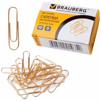 Скрепки золотистые BRAUBERG 28 мм, 100 шт/уп, овальные