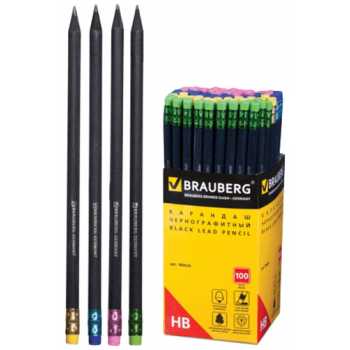 Карандаш BRAUBERG Black Wood HB, шестигранный, черное дерево, с ластиком