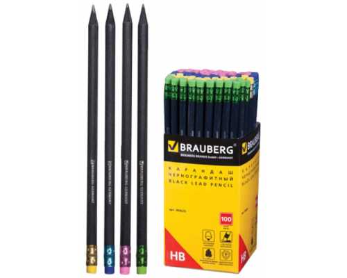 Карандаш BRAUBERG Black Wood HB, шестигранный, черное дерево, с ластиком